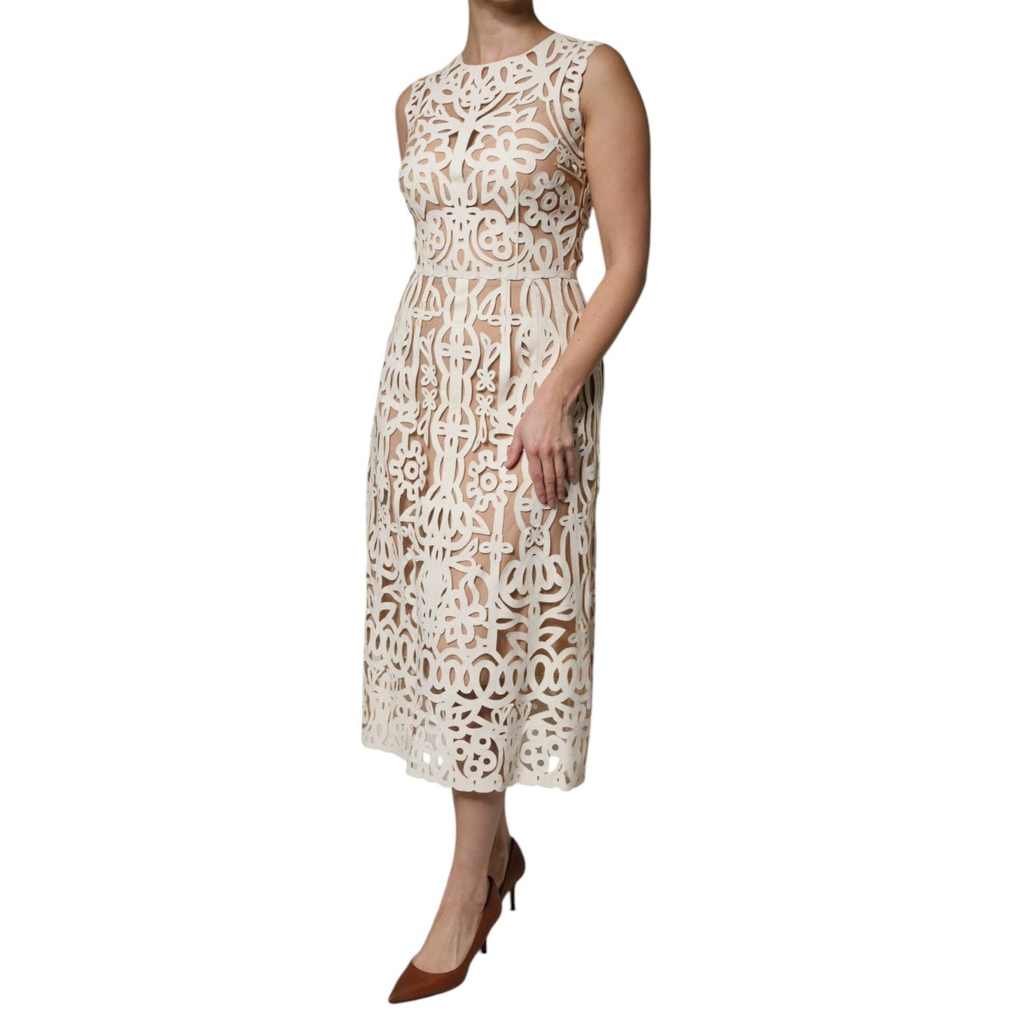 Dolce & Gabbana White Cut Out Leather Sleeveless Midi Dress