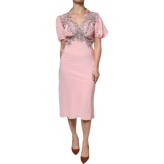 Ermanno Scervino Pink Floral Lace Short Sleeves V-neck Midi Dress