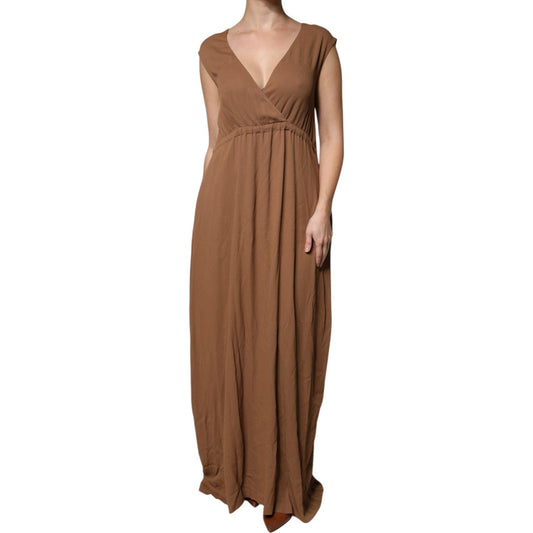 Fabiana Filippi Brown Sleeveless Deep V-neck A-line Long Maxi Dress