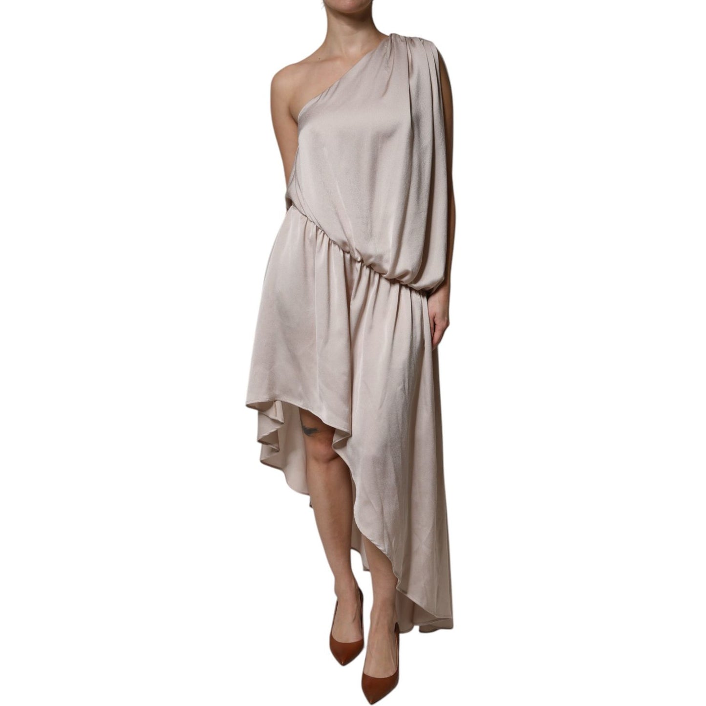 Christian Pellizzari Beige One Shoulder Asymmetric Drape Dress DR281425-40