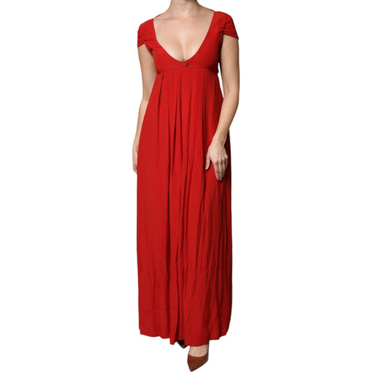 Dondup Red Acetate Short Sleeves Plunging Neckline Maxi Dress