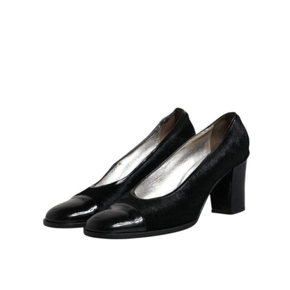 Dolce & Gabbana Black Leather Block Heels Pumps Shoes