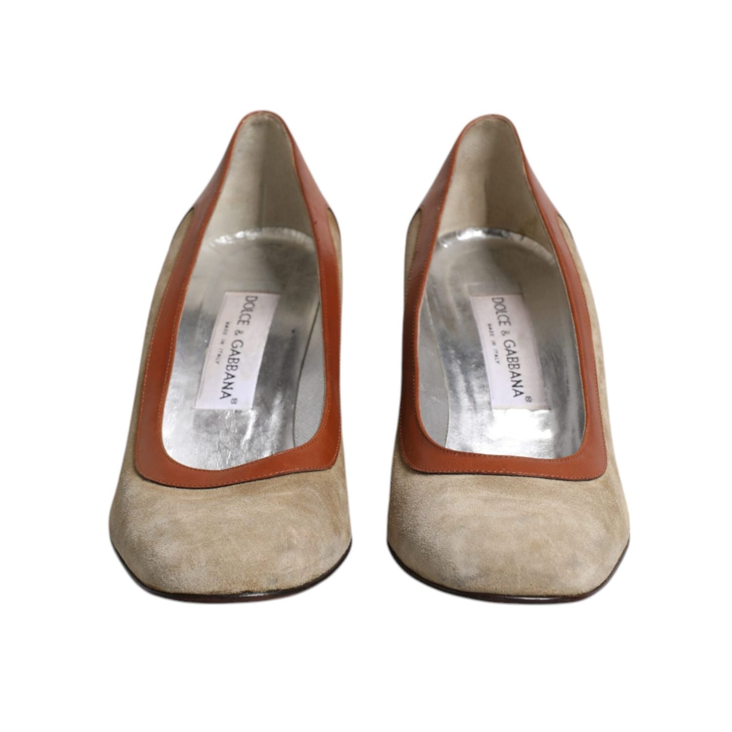 Dolce & Gabbana Beige Brown Leather Block Heels Pumps Shoes