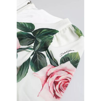 Dolce & Gabbana White Roses Print Stretch Silk Pleated Dress