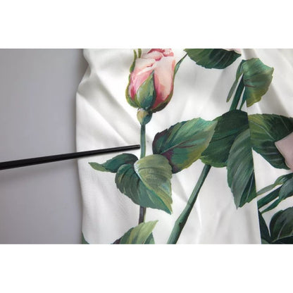 Dolce & Gabbana White Roses Print Stretch Silk Pleated Dress