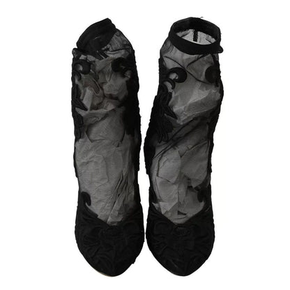 Dolce & Gabbana Black Tulle Stretch Floral Booties Shoes