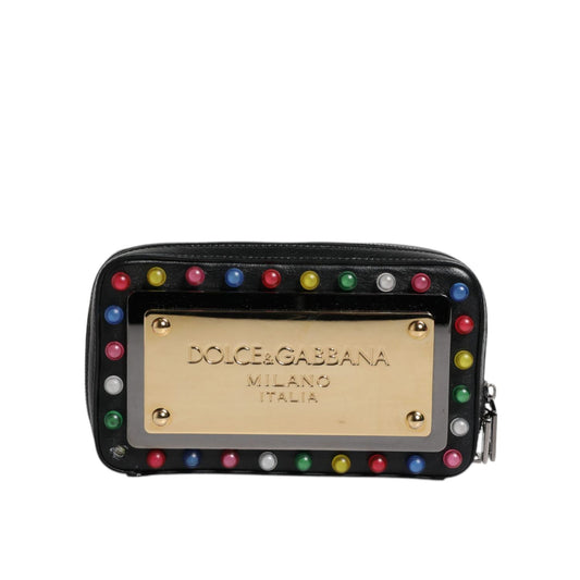 Dolce & Gabbana Black Leather LED Logo Wrist Strap Clutch Bag BAG4178