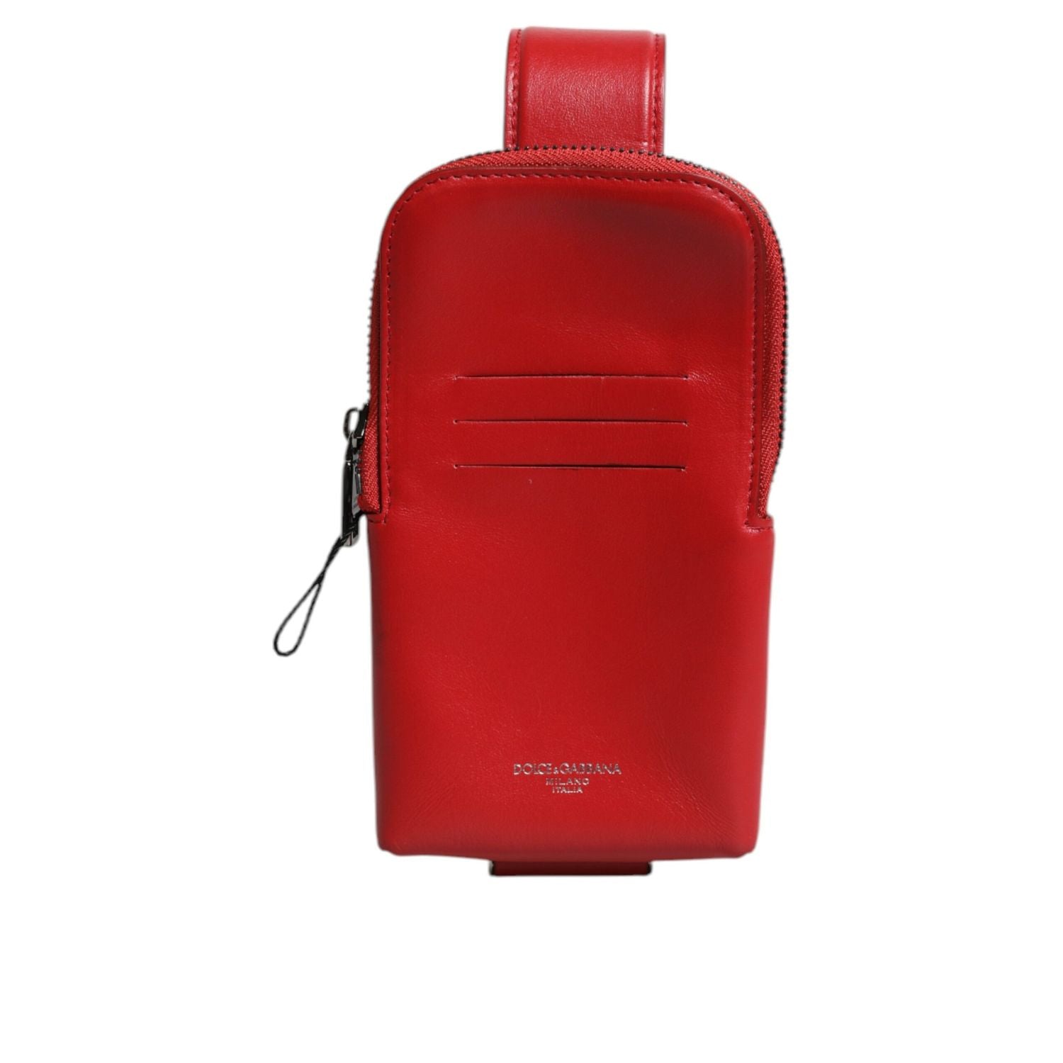 Dolce & Gabbana Red Leather Logo Zip Around Card Holder Wide Strap Wallet