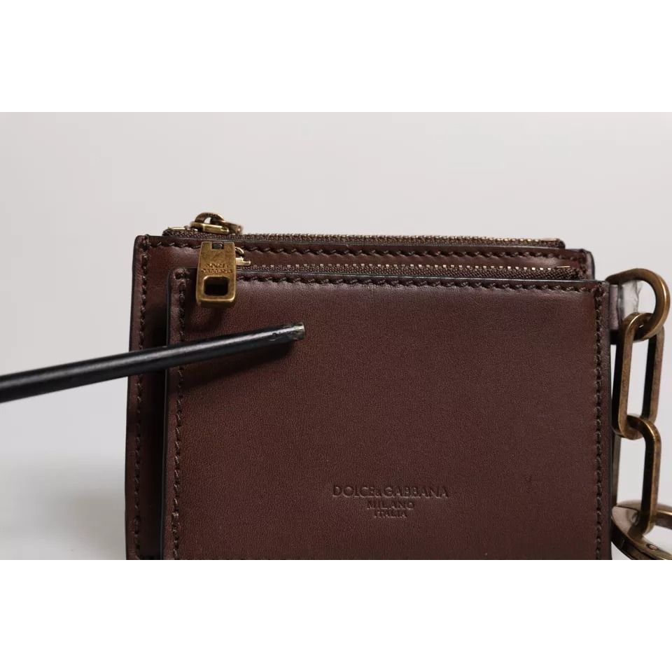 Dolce & Gabbana Brown Leather Zip Logo Keyring Coin Purse Keyring Wallet