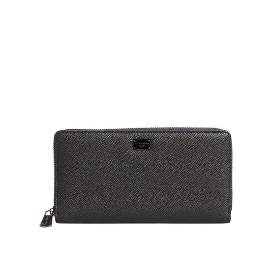 Dolce & Gabbana Dark Gray Leather DG Logo Zip Around Continental Wallet