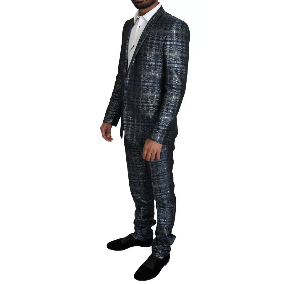 Dolce & Gabbana Blue Silver Shiny 2 Piece Slim GOLD Suit