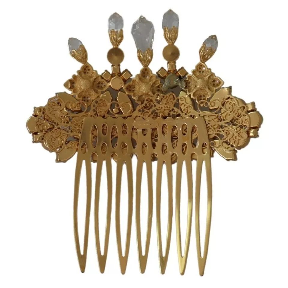 Dolce & Gabbana Gold Brass Clear Crystal Hair Stick Accessory Comb
