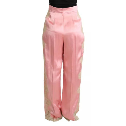 Dolce & Gabbana Pink Lace Trimmed Silk Satin Wide Legs Pants