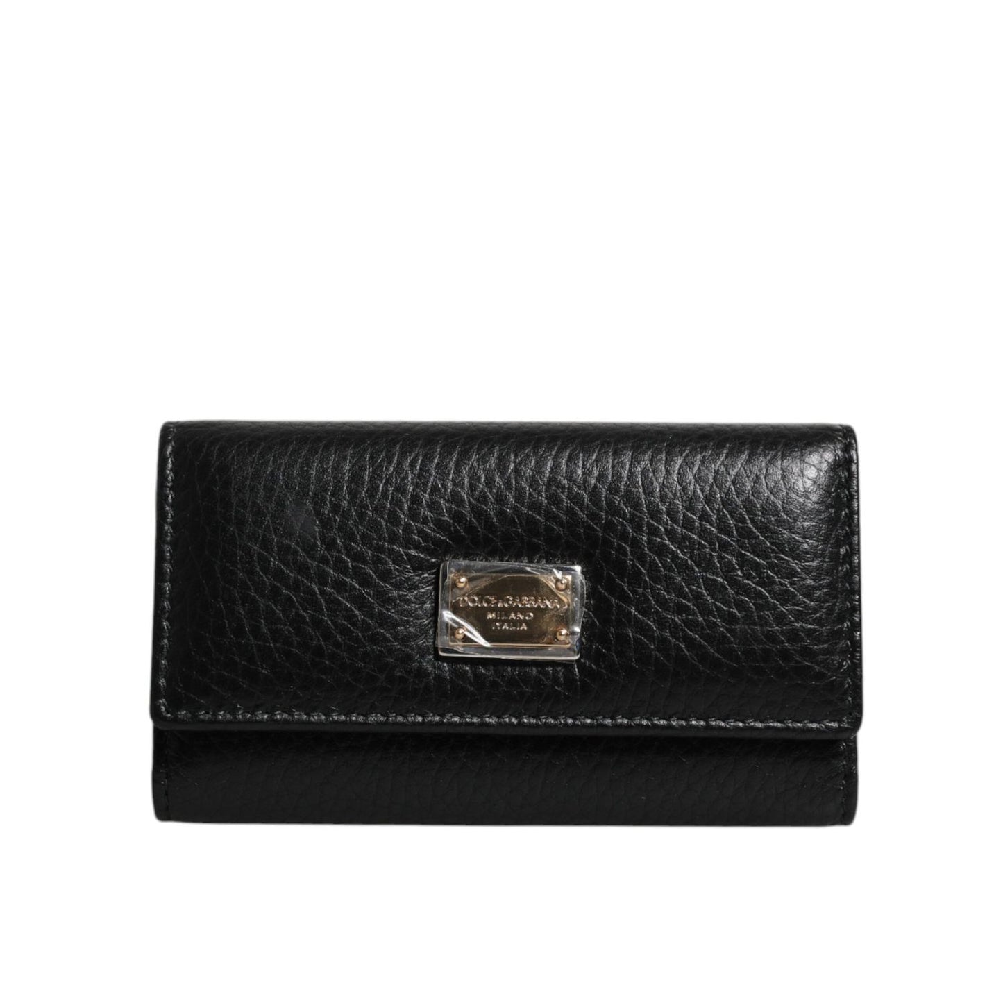 Dolce & Gabbana Black Leather Gold Metal Logo Plaque Trifold Keyring