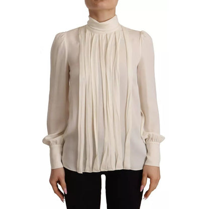 Dolce & Gabbana Off White Silk Long Sleeve Turtle Neck Top