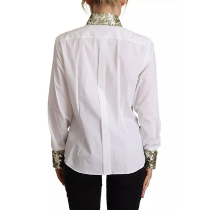 Dolce & Gabbana White Cotton Collared Long Sleeves Sequin Top Shirt