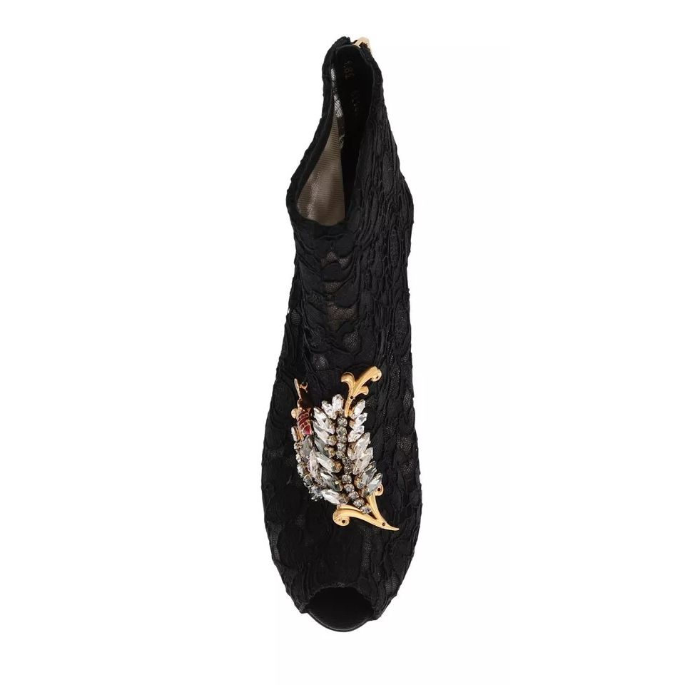 Dolce & Gabbana Black Crystal Lace Booties Stilettos Shoes
