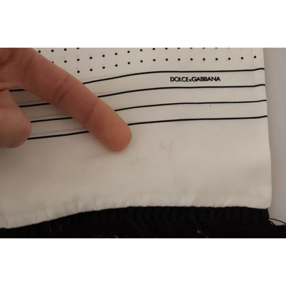 Dolce & Gabbana White Polka Dots Pattern Silk Fringes Wrap Scarf