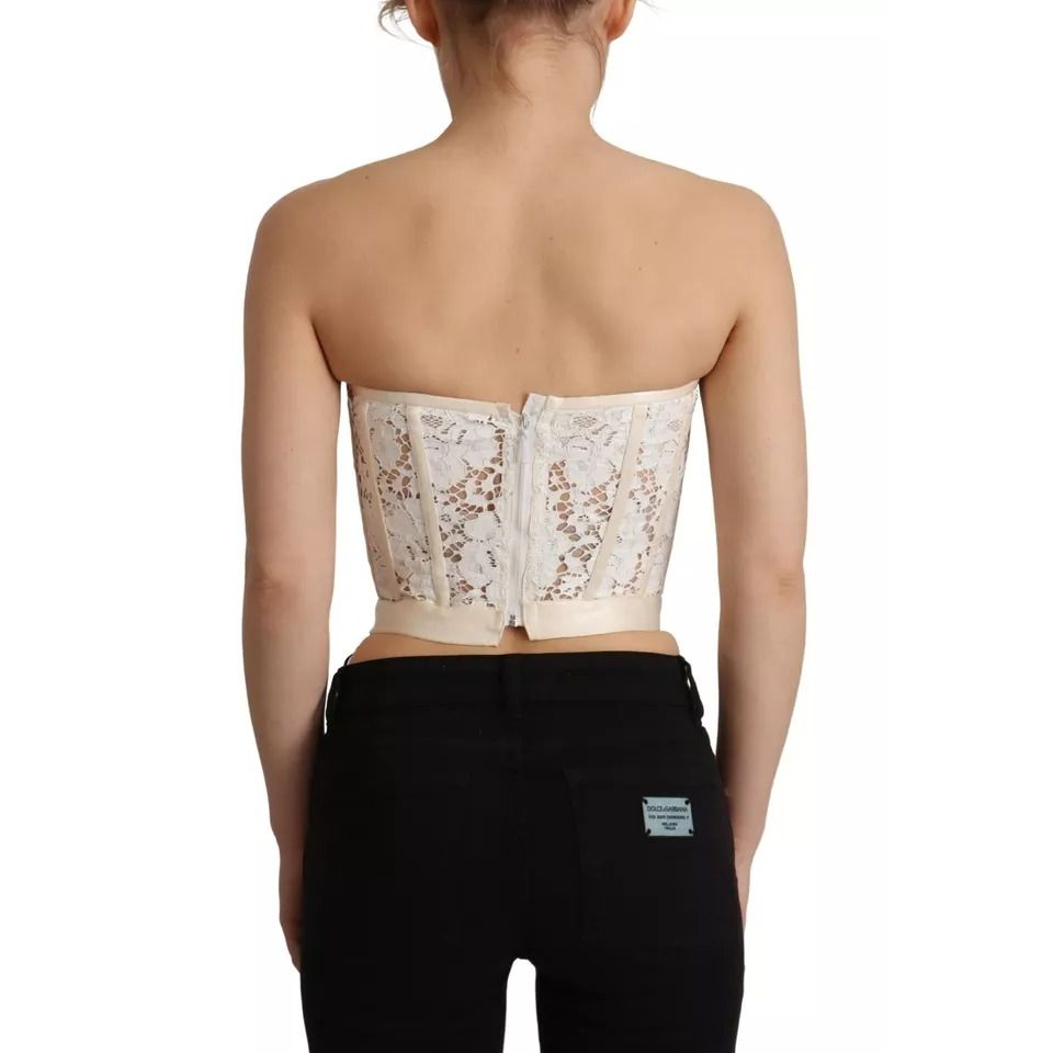 Dolce & Gabbana White Strapless Floral Lace Cropped Bustier Top