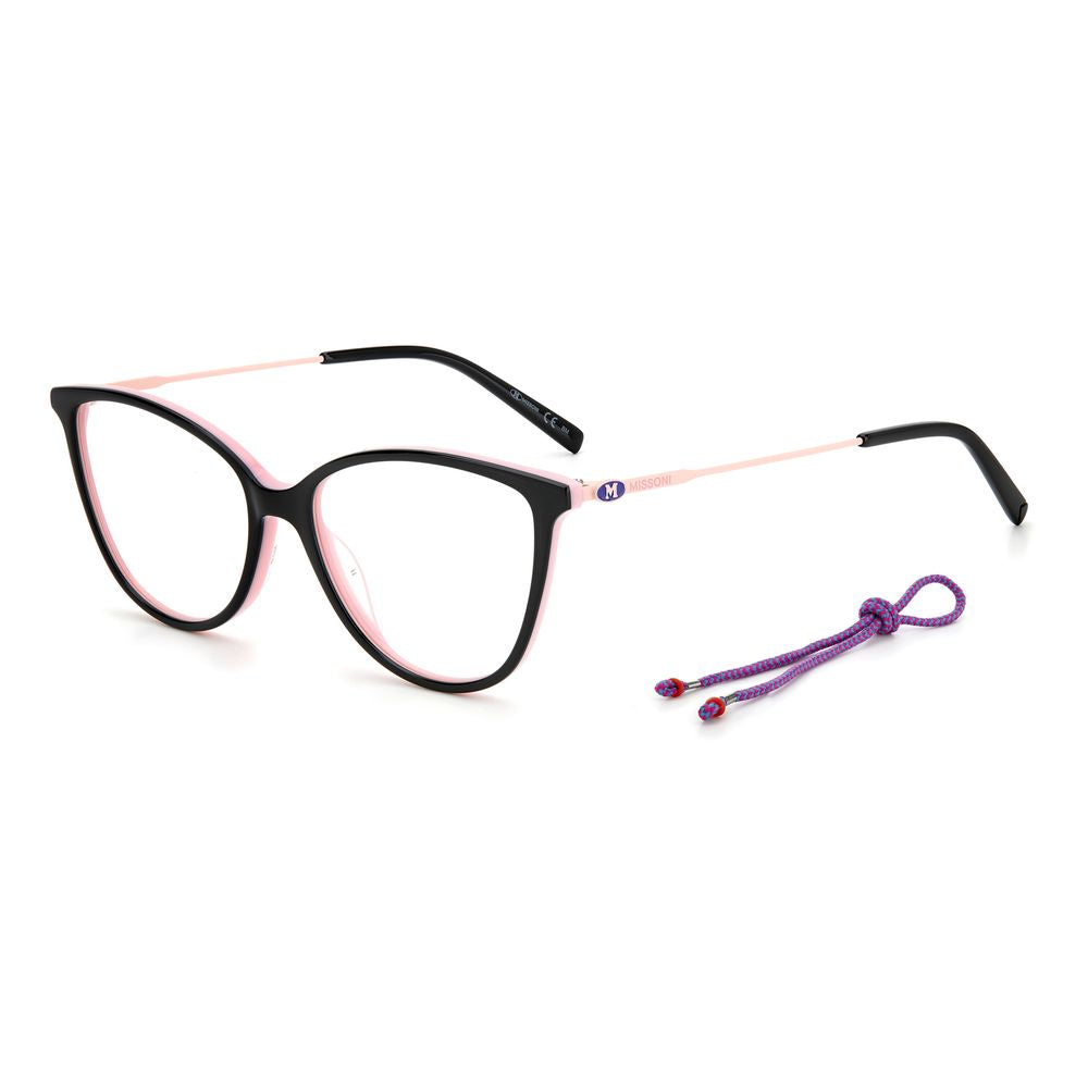 Alt Tag: M Missoni Black Acetate Frames with pink accents, featuring a chic design and matching purple strap, lens/bridge/temple 53/15/145 mm.