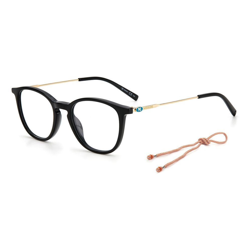 M Missoni Black Acetate Frames with gold temples and round lenses. High-quality eyewear at 47/18/145mm dimensions.