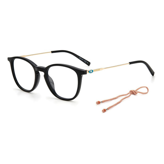 M Missoni Black Acetate Frames with gold temples and round lenses. High-quality eyewear at 47/18/145mm dimensions.