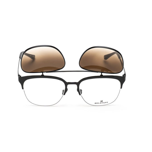 Belstaff Black Titanium Frames with clip-on brown lenses, eyeglasses handmade in Japan, high-grade acetate, UV protection.