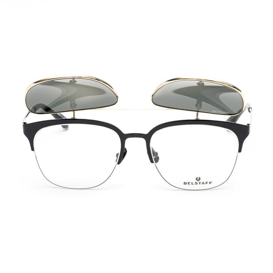 Belstaff Black Titanium Frames with clip-on sunglasses, handmade in Japan, featuring Zeiss lenses and 100% UV protection.