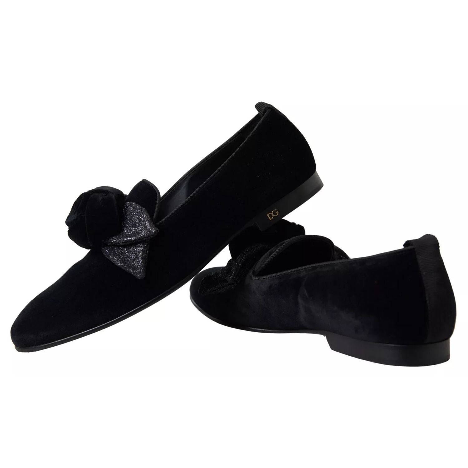 Dolce & Gabbana Black Velvet Flats Bow Young Queen Shoes