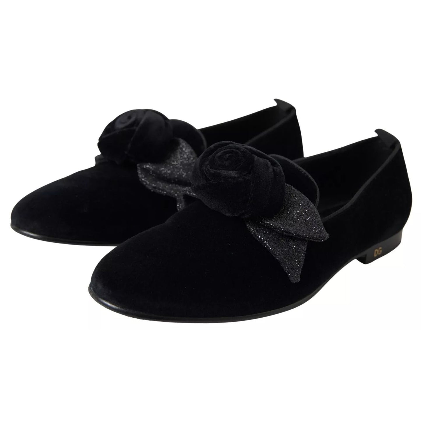 Dolce & Gabbana Black Velvet Flats Bow Young Queen Shoes