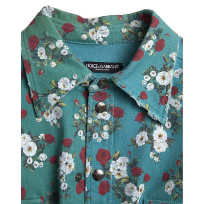 Dolce & Gabbana Blue Floral Cotton Button Down Denim Shirt