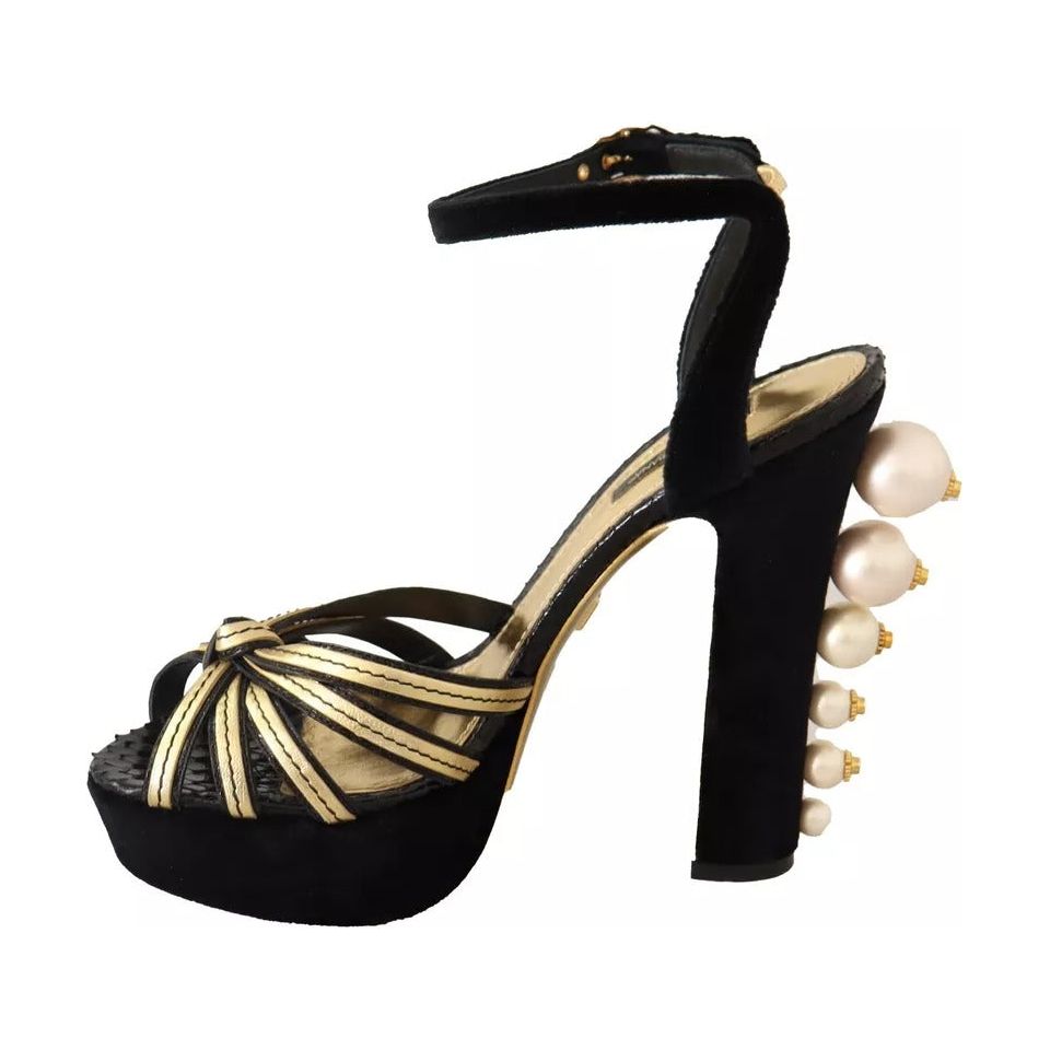 Dolce & Gabbana Black Gold Bianca Faux Pearl Sandals LA9840-38