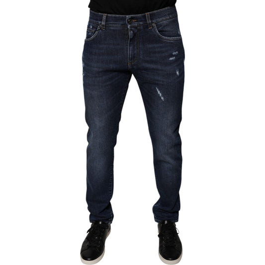 Dolce & Gabbana Dark Blue Cotton Logo Skinny Denim Jeans