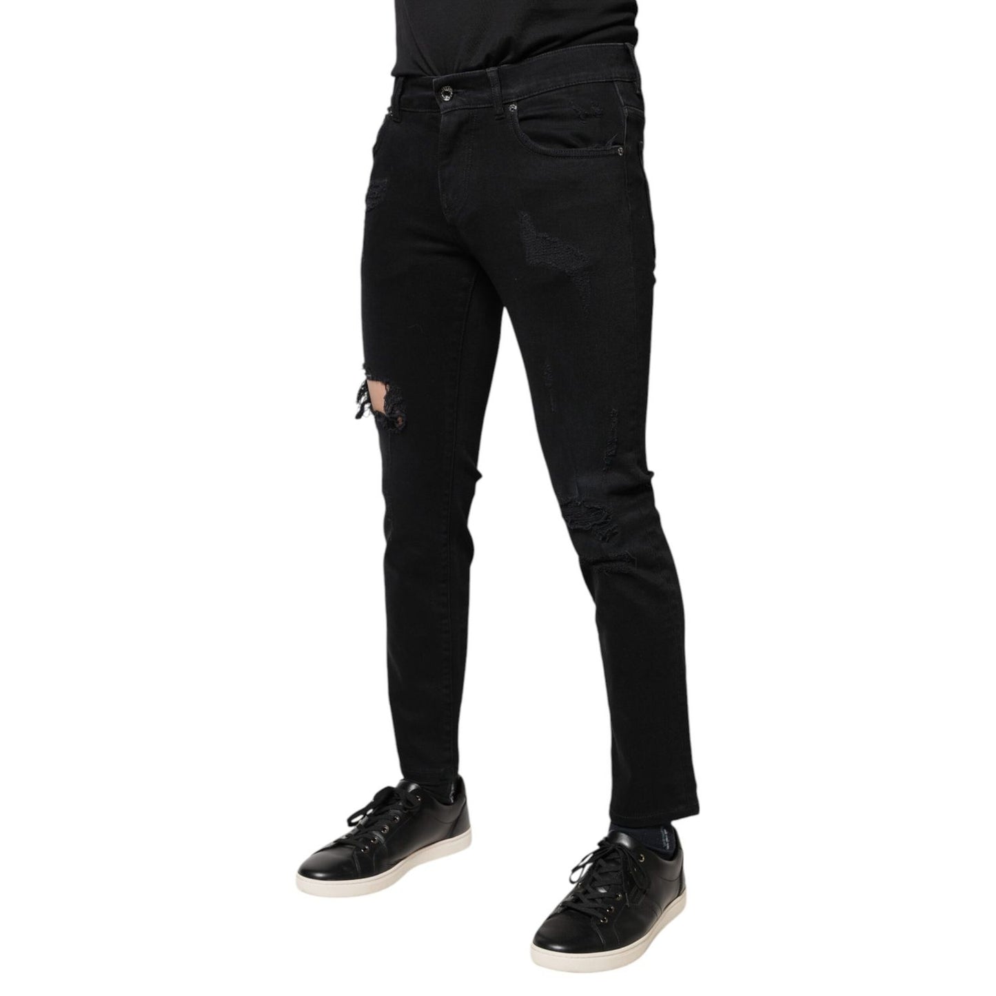 Dolce & Gabbana Black Cotton Tattered Skinny Denim Logo Jeans