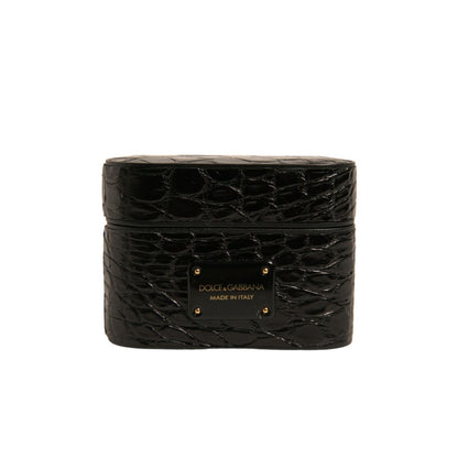 Dolce & Gabbana Black Leather Metal Logo Plaque Holder Airpods Case