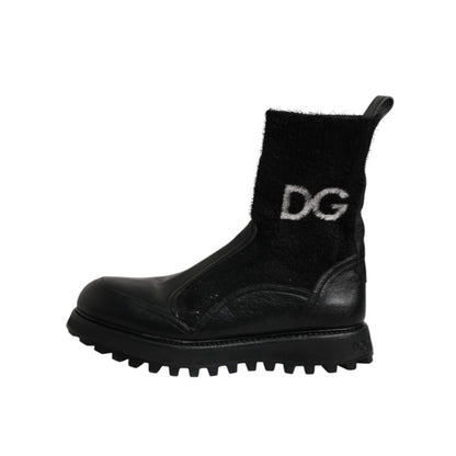 Dolce & Gabbana Black DG Logo Horse Sock Ankle Boots Shoes