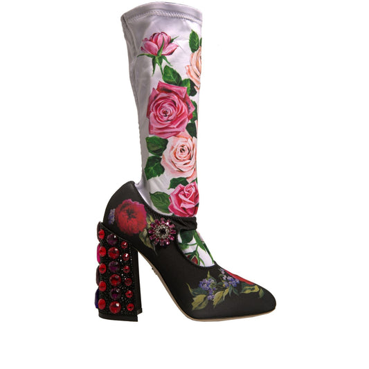 Dolce & Gabbana Black Floral Socks Crystal Boots Jersey Shoes