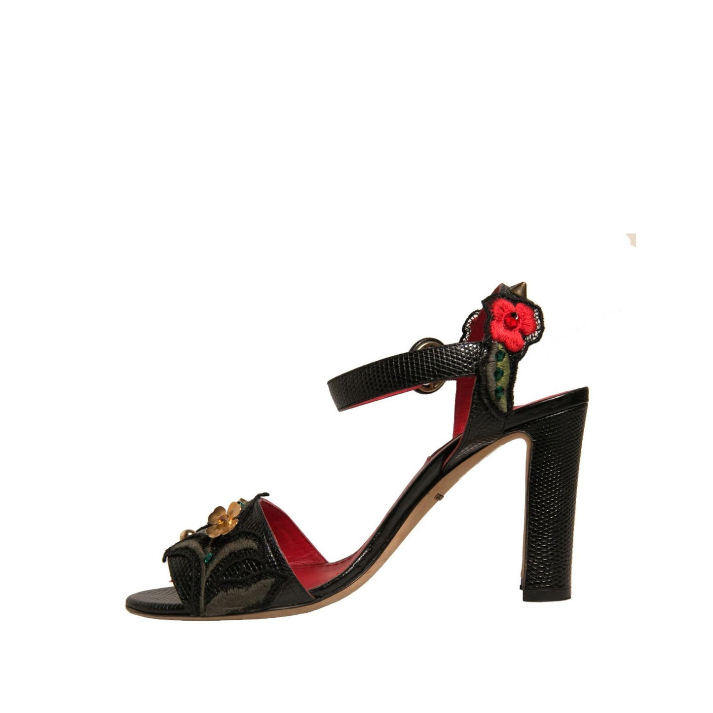 Dolce & Gabbana Black Embossed Carnation Heeled Sandals Shoes
