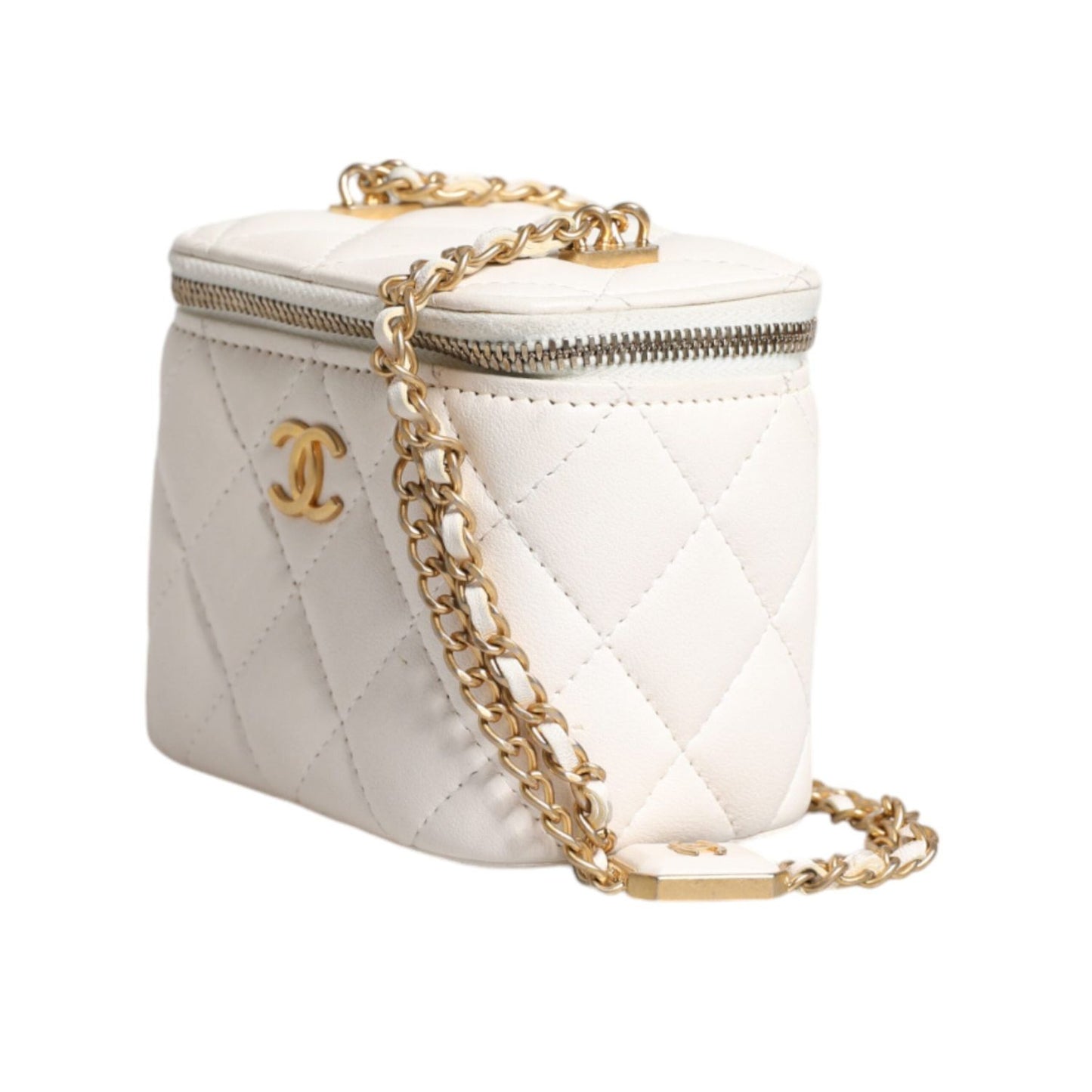 Chanel White Matelasse Lambskin Gold Chain Shoulder Vanity Mirror CHA211