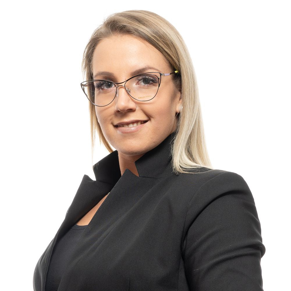 Woman wearing Emilio Pucci Black Women Glasses Frame, stylish full-rim black metal frame, professional look.
