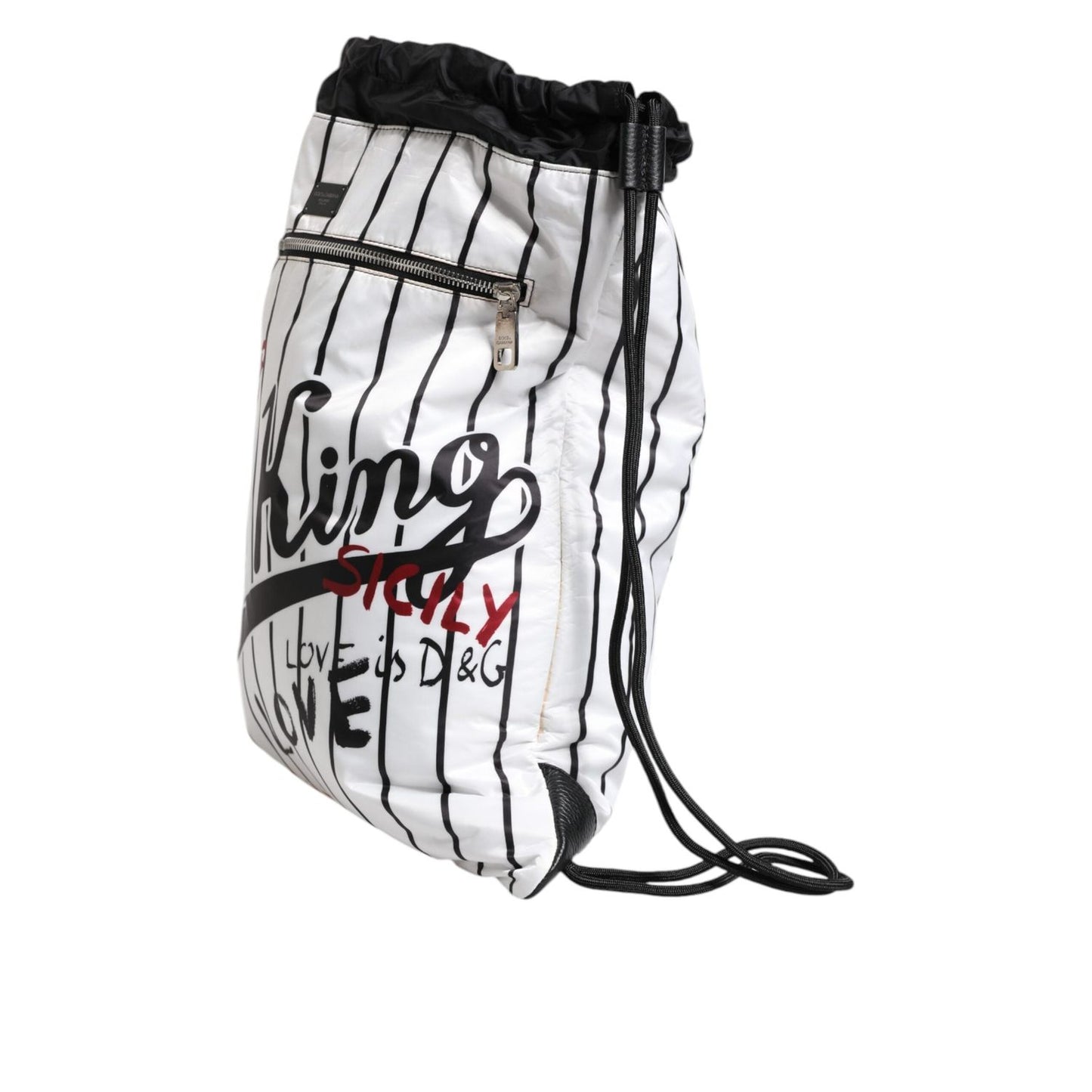 Dolce & Gabbana Black White Striped Polyester Drawstring Bag BAG4072