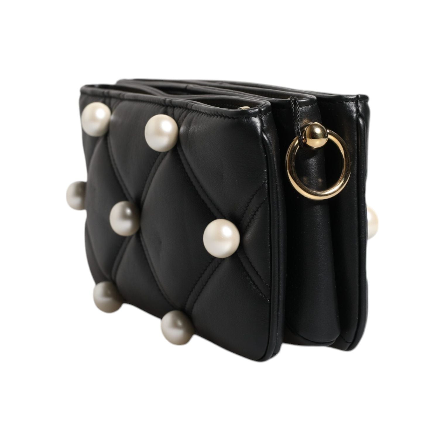 Dolce & Gabbana Black Leather Pearl Embellished Logo Shoulder Bag