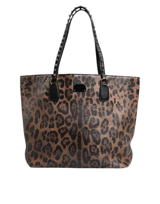 Dolce & Gabbana Brown Black Calfskin Leopard Print Shoulder Tote Bag BAG4077