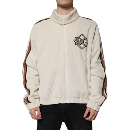 Dolce & Gabbana Beige Logo Applique Cotton Corduroy Full Zip Jacket