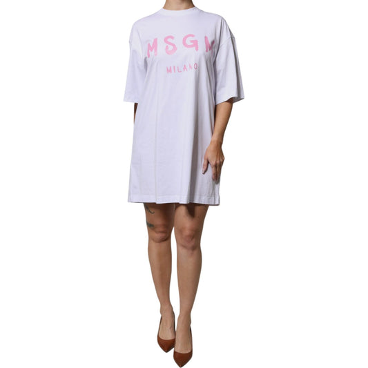 MSGM White Logo Print Cotton T-shirt Short Sleeves Mini Dress