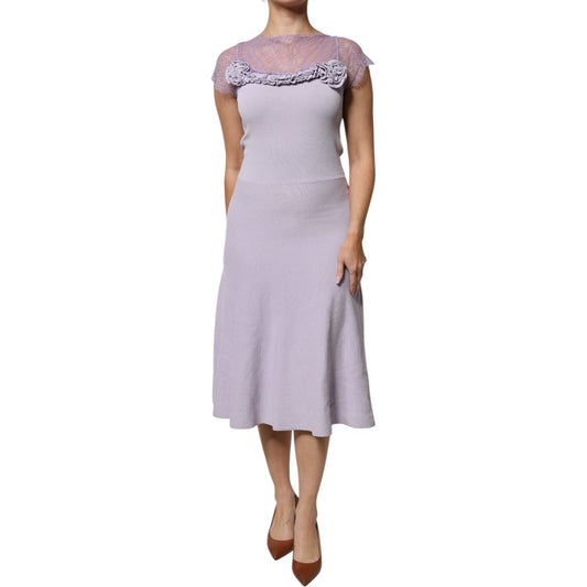 Blumarine Purple Short Sleeves Floral Lace Trim A-line Midi Dress