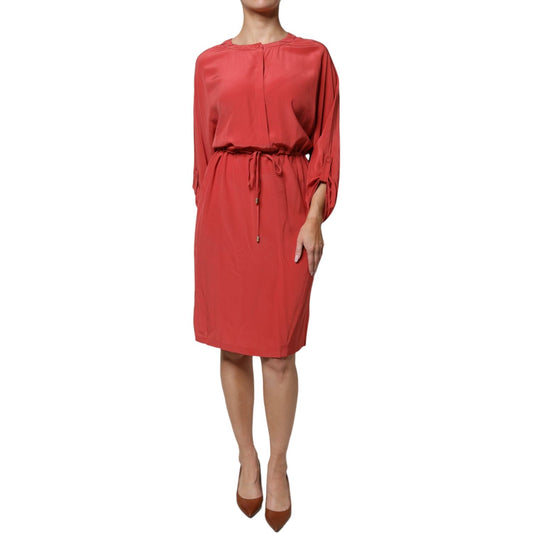 Peserico Red Long Sleeves Pencil Cut Drawstring Waist Dress