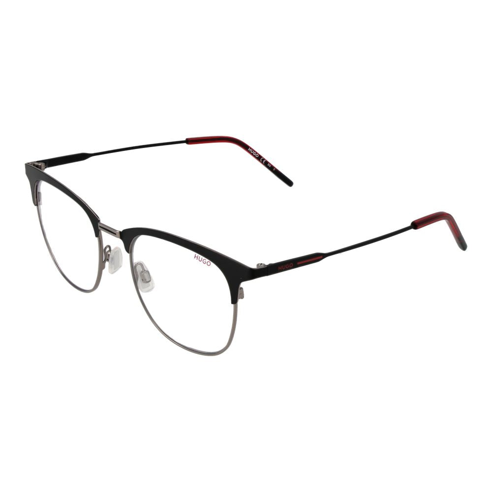 Hugo Boss Black Men Glasses Frame in stainless steel, full-rim browline style with demo lenses, black frame, 52mm width, case included.