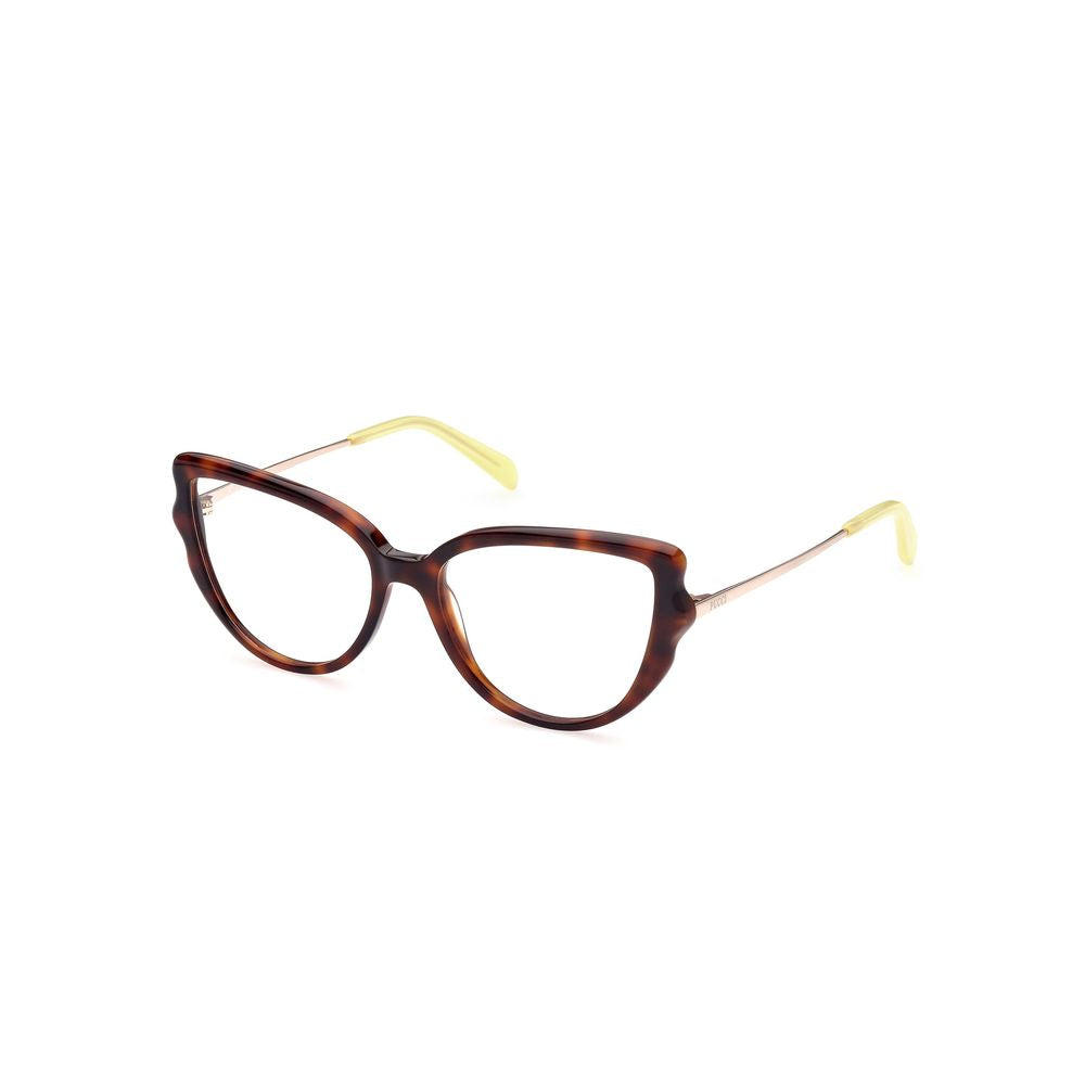 Emilio Pucci Brown Acetate Frames with classic design and yellow temples for stylish women. Frame dimensions: 54/16/140 mm.