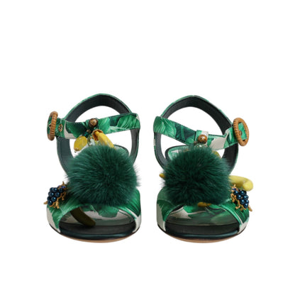 Dolce & Gabbana Green Crystal Fur Embellished Sandals Shoes